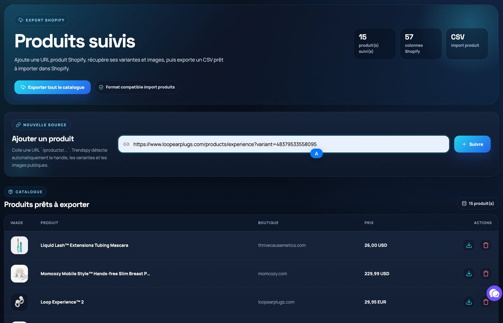 Aperçu du module Export produit de Trendspy