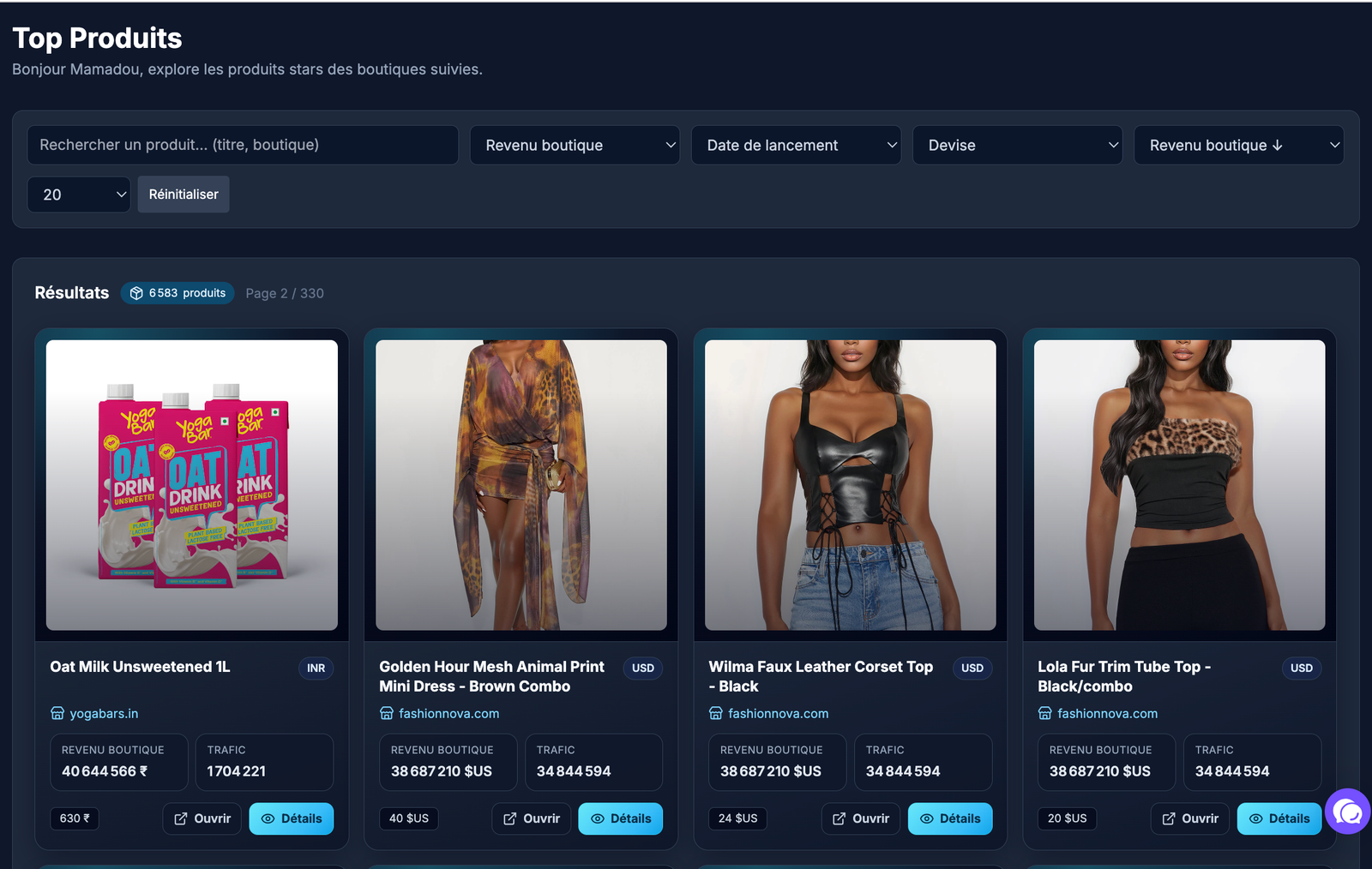Aperçu du module Top produit de Trendspy