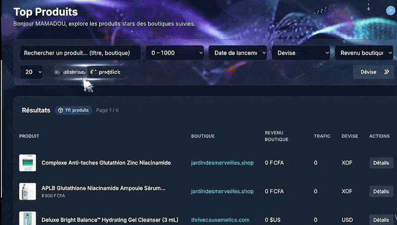 Aperçu de la liste des produits les plus vendus